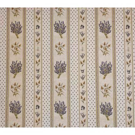 Tissu provençal au mètre: lavanda sur fond beige /lavanda, cheval, taureau, croix de camargue