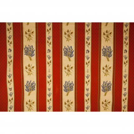 Tissu provençal au mètre: rouge sur fond beige /lavanda, cheval, taureau, croix de camargue