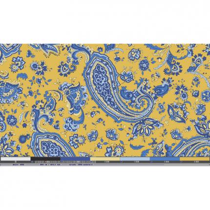 Tissu provençal au mètre: cachemire bleu sure fond jaune